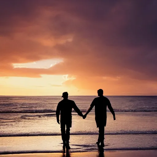 Prompt: Dutch van der Linde and Colm O'Driscoll holding hands and walking on a beach together, smiling, sunset