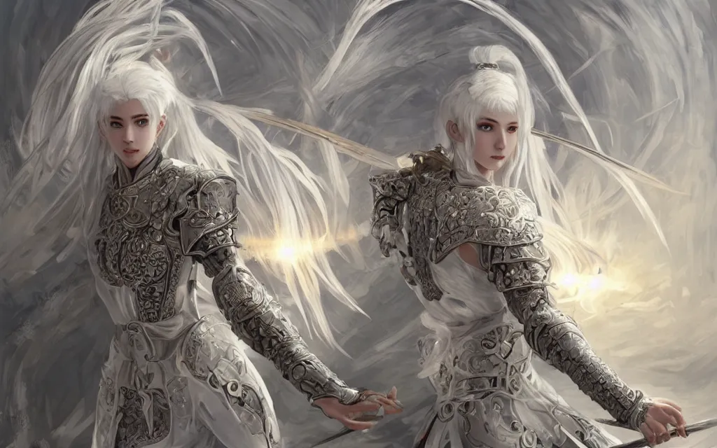 Image similar to white hair knights of zodiac girl, sliver ice color reflected armor, kung fu fighting and kickboxing in ruined agora of athens sunrise, ssci - fi and fantasy, intricate and very very beautiful and elegant, highly detailed, digital painting, artstation, concept art, smooth and sharp focus, illustration, art by tian zi and wlop and alphonse mucha