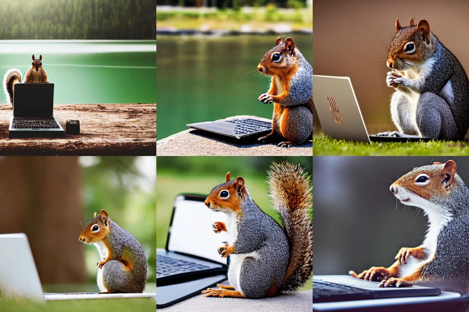 Prompt: Portrait photo of a stressed business squirrel sitting in front of a laptop computer at the lake