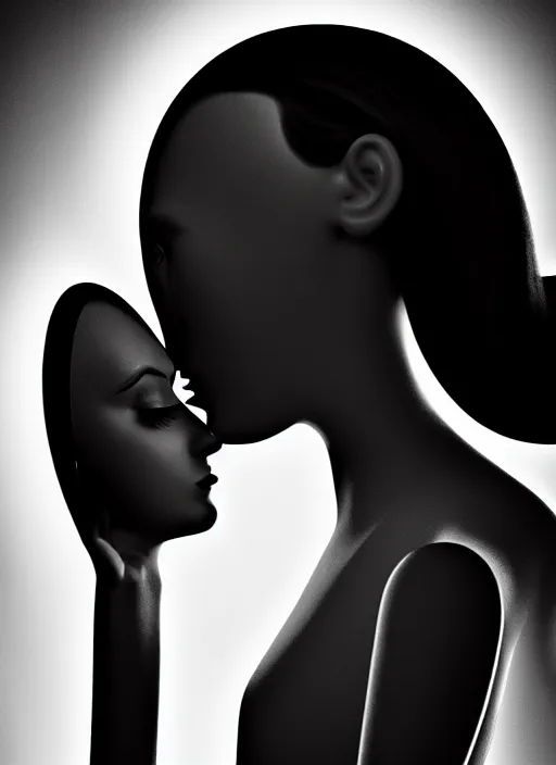 Image similar to surreal mythical dreamy dark artistic black and white fine art fashion portrait photo of a young beautiful delicate female metropolis robot kissing her mirror reflection, spiritual, halo, glory, rim light, cinematic, studio dramatic light, poetic, masterpiece, octane render, 8 k, photo - realistic by dora maar man ray