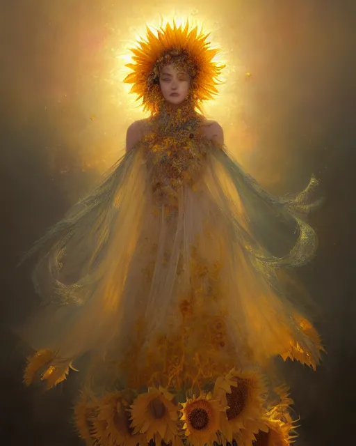 Image similar to Full View Portrait Mystical ethereal sunflower deity wearing beautiful dress, sunflower Dryad beautiful dress, 4k digital masterpiece by Greg Rutkowski and Ruan Jia and rossdraws, Alberto Seveso, fantasycore, Hyperdetailed, realistic oil on linen, soft lighting, Iconography background, featured on Artstation