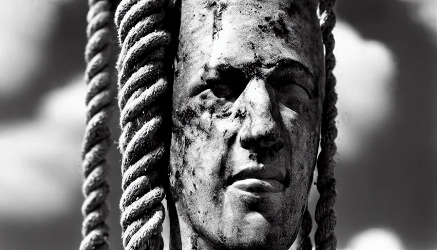Prompt: 1 9 7 0 s movie still close - up of marcus atilius regulus'face tied with ropes at a pole with large - open bleeding eyes looking at the burning sun, cinestill 8 0 0 t 3 5 mm b & w, high quality, heavy grain, high detail, texture, dramatic light, anamorphic, hyperrealistic, detailed hair