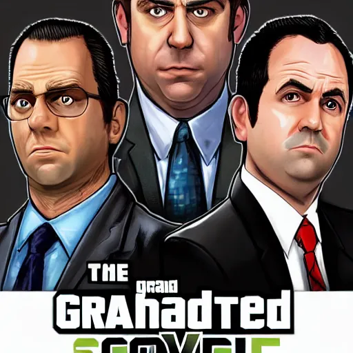 Prompt: the cast of tv show the office in the style of a grand theft auto game cover, high resolution