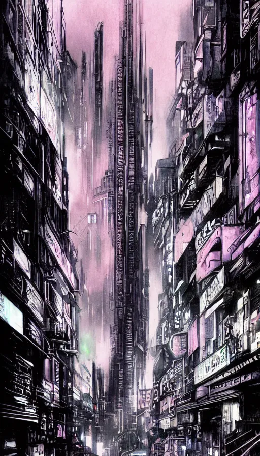 Prompt: blade runner style dystopian mega city street, lower levels with towering buildings reaching up to the clouds, viewed from street level looking up at neon sci - fi signs and lights, matt cook illustrator war artist, syd mead concept art, doug chiang concept drawings, ink drawing, ink illustration, colour ink with dark contrasted shadows, pink green and blue lights