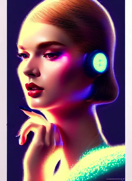 Prompt: photorealistic portrait of female humanoid, highly intricate, retro 6 0 s haute couture fashion, elegant, highly detailed, crispy quality and cyber neon light reflections, artstation, pinterest, glamor pose, no signature, no watermark, art by artgerm and greg rutkowski