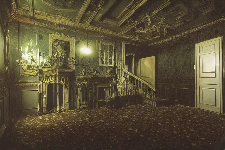 Image similar to full - color photo of the interior of a spooky old mansion at night. the interior architecture and layout are illogical, surreal, bizarre, complicated, and labyrinthine. there is a faintly - visible victorian ghost lurking.