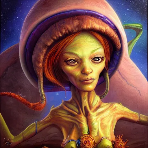 Image similar to a hyper realistic painting of an alien princess by justin gerard, highly detailed, vivid color,