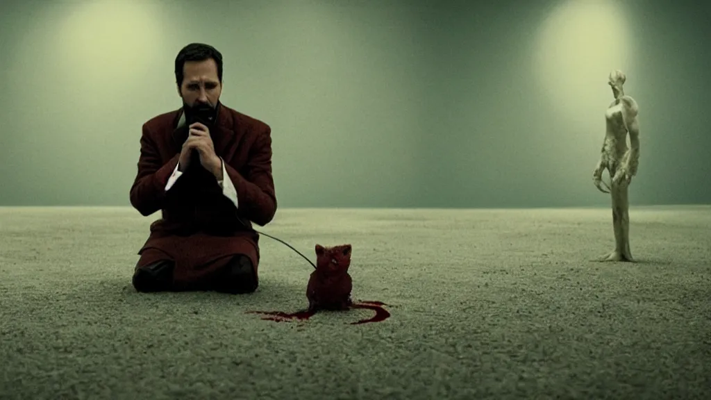 Prompt: the strange creature talks on the phone, made of blood, film still from the movie directed by Denis Villeneuve with art direction by Salvador Dalí, wide lens