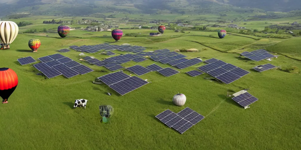 Prompt: ecovillage, hot air balloon, solarpanel, solarpunk, flying cow