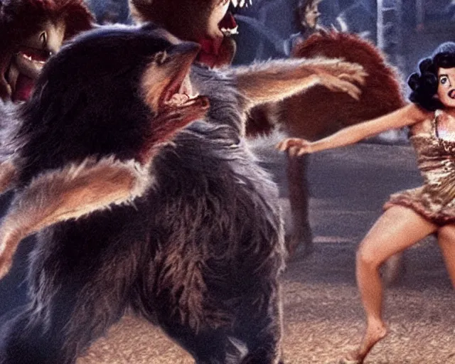 Image similar to scene from a biopic directed by spielberg with a werewolf hurling at jennifer connelly dancing in front of a large crowd in the style of betty boop. the werewolf is very hairy and very excited. cinematic, highly intricate, 5 0 mm