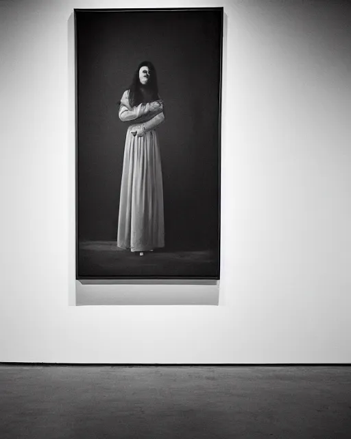Prompt: a beautiful but horrifying young woman wearing an austere dress is standing in a vast and empty gallery. blood is on the walls, and the moon is shining through the windows. photographed in the 1 9 7 0 s, baroque painting