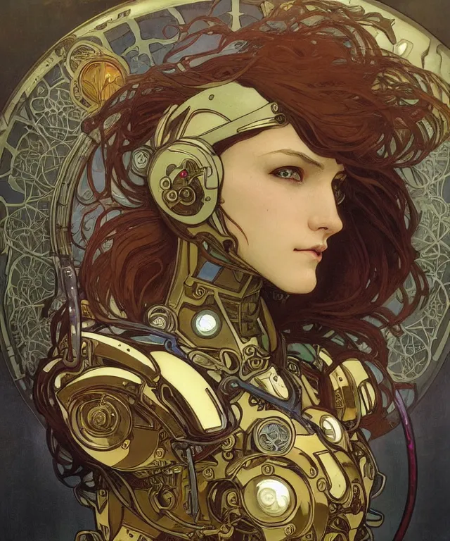 Image similar to realistic detailed portrait of a male! mecha cyberpunk! monk! by alphonse mucha and charlie bowater and art germ, rule of thirds, golden ratio, art nouveau! cyberpunk! style, mechanical accents!, mecha plate armor, glowing leds, flowing wires with leaves, art nouveau accents, art nouveau patterns and geometry, rich deep moody colors