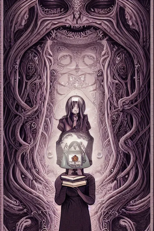 Image similar to ai illustration of romantic girl, her cat and her book of necronomicon, symmetrical, cinematic, sharp focus, 4 k, ultra hd, sense of awe, sinister demonic atmosphere, dreadful, forbidden knowledge, old gods, cthulhu, yog - sothoth! yah, yah, yah! cultist journal cover