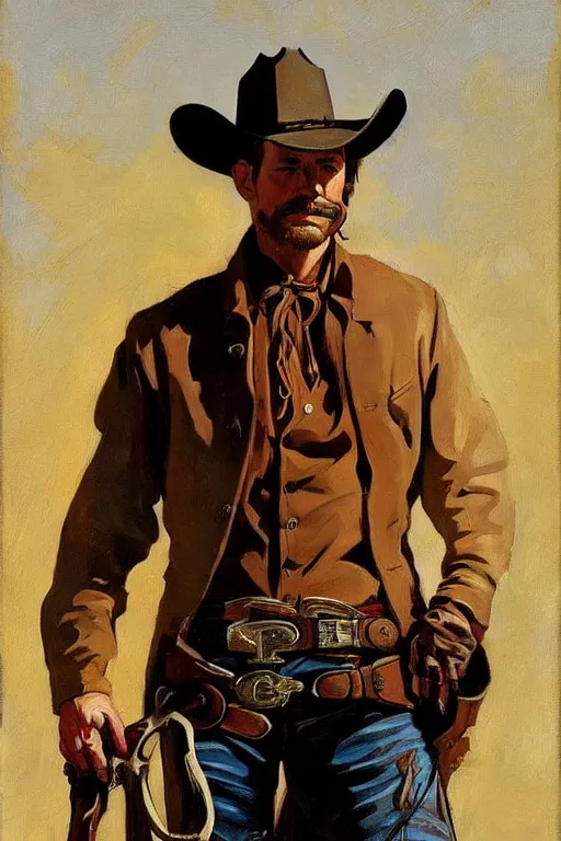 Image similar to cowboy arthur morgan, old west painting by jc leyendecker!! phil hale!, angular, brush strokes, painterly, vintage, crisp