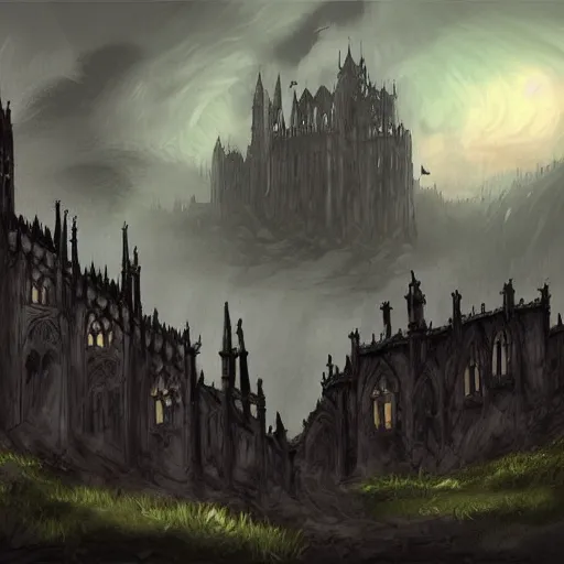 Prompt: beautiful gothic castle landscape in the style of Dnd concept Art