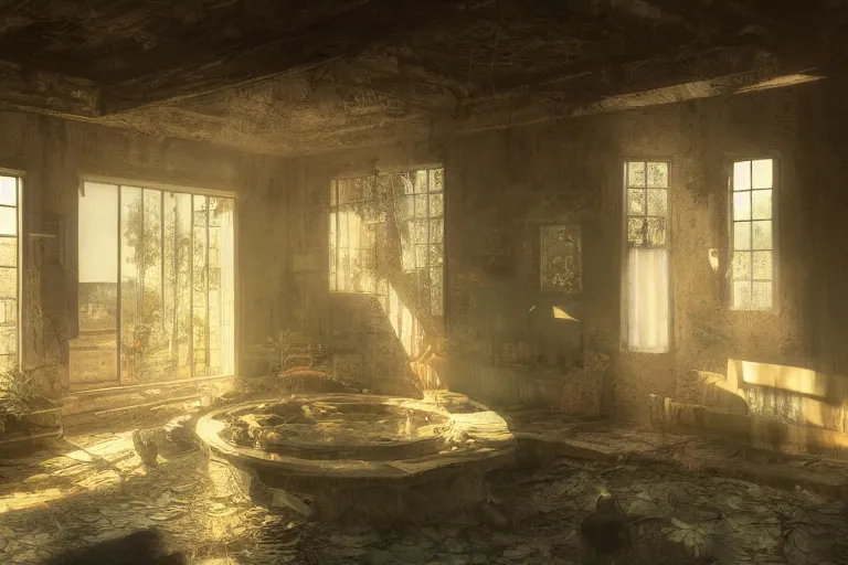 Image similar to the interior of an old abandoned house, a small pond with koi fish in the center of the house. golden rays of sunlight enter through the window., digital art, trending on artstation, matte painting, concept art, drawn by greg rutkowski, inspired by johannes vermeer, cold colors