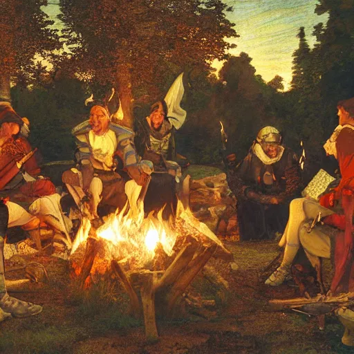 Image similar to a painting of medieval knights toasting marshmallows around the campfire in the style of howard pyle, arthur rackham, alphonse mucha, maxfield parrish. volumetric lighting. 8 k resolution. best detail. trending on artstation trending on deviantart