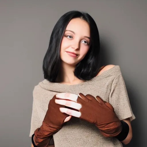 Image similar to a dark - haired girl trying on a brown hitch - hiking glove