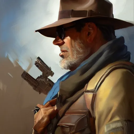 Image similar to greg manchess portrait painting of partially armored indiana jones as overwatch character, medium shot, asymmetrical, profile picture, organic painting, sunny day, matte painting, bold shapes, hard edges, street art, trending on artstation, by huang guangjian, gil elvgren, ruan jia, randy vargas, greg rutkowski