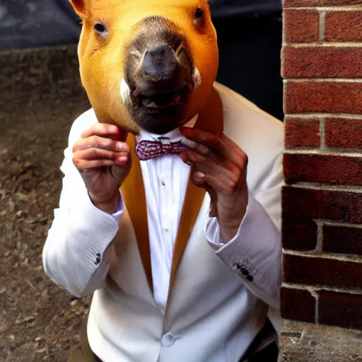 Image similar to smoking cigar, a man wearing a suit capybara head wearing a hat (smoking cigar)