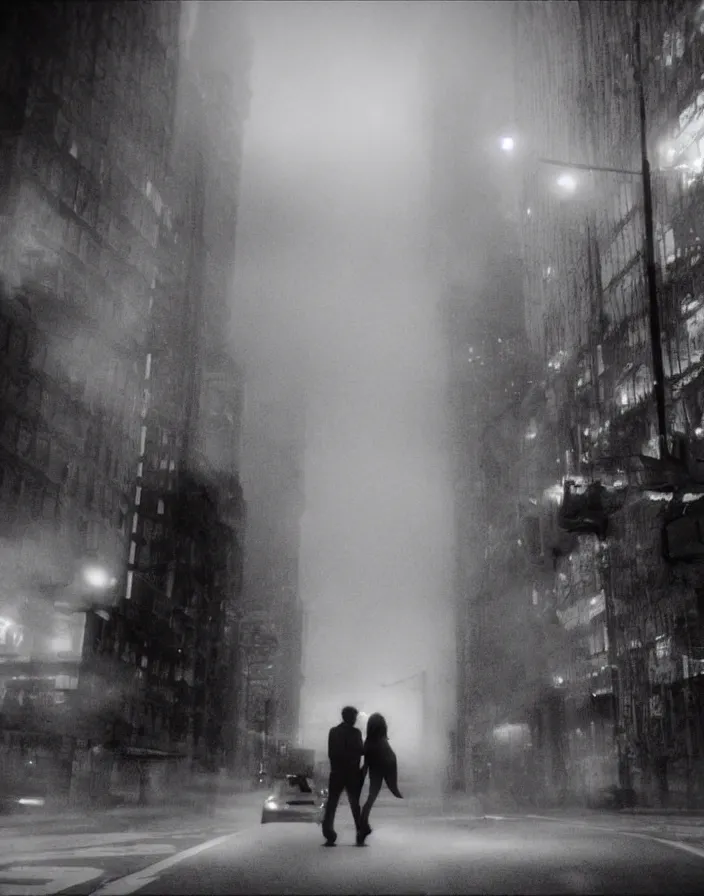 Image similar to very low - resolution found footage of a couple escaping in the city from a starfish kaiju monster, fog, foggy, korean film noir, monochrome, red hue, thriller, underdeveloped, epic, dramatic