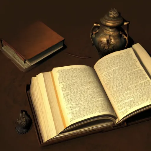 Prompt: a medium shot of a closed book sitting on a desk, the cover is ornately carved leather, beside the book is an ancient scroll, dark, single light, vignette, magic, fantasy, concept art, artstation, octane render, 4 k