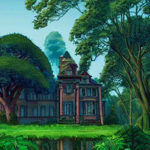 Image similar to beautiful old mansion surrounded by lushwoods in style of ghibli