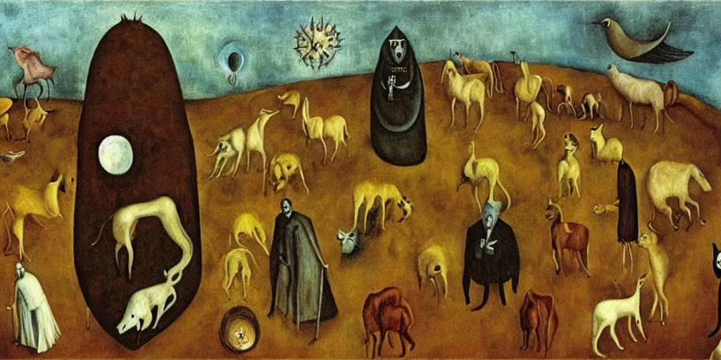 Prompt: disease decimating a global population, animals ruling the world, painting by leonora carrington