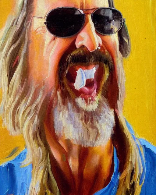 Prompt: portrait of the dude from the big lebowski, gleeful facial expression, impressionism, brushstrokes, high detail, sharp