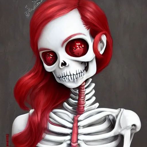 Image similar to cute & beautiful smug smiling undead skeleton girl with very attractive face and red hair dressed as a scientist, elegant, digital art, fullbody painting, fantasy, pixar style, painting, pin up, highly detailed, artstation, art by artgerm, vrubel, greg rutkowski, ilya kuvshinov, raymond swanland