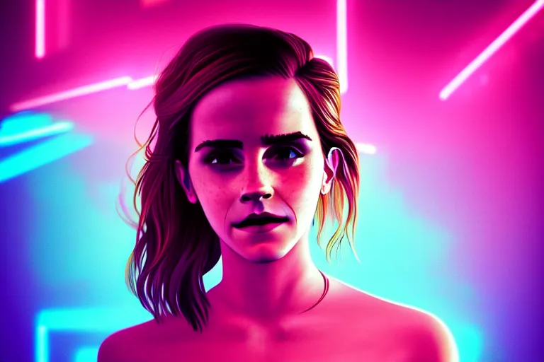 Prompt: photo of Emma Watson (((neon lighting)) in chromatic dmt dmt sprititual temple with DISPACEMENTS Displacements, elegant, highly detailed, smooth, sharp focus, illustration, beautiful, geometric, trending on artstation, cinematic, artwork by WLOP