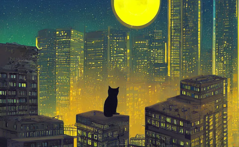 Image similar to a cat observing a neon city from the roof of a building at night, digital art, digital painting