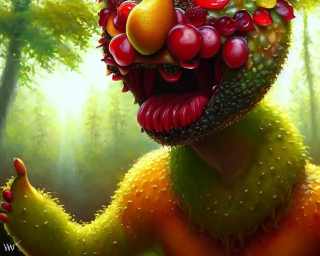 Prompt: a fruit monster made of different fruit, 2 7 5, walking around in forest, detailed mouth, detailed eyes, forest background, trees and flowers, trees in foreground, rays of golden sunlight, oil painting, highly detailed, dramatic lighting, hyperrealistic, smooth, artstation, cgsociety, by artgerm, by wlop