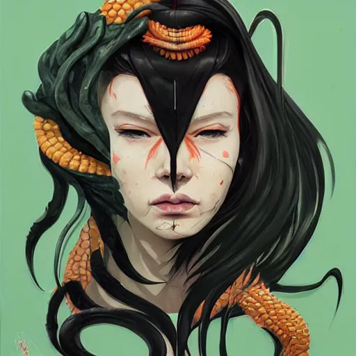 Image similar to The mix of Gorgon and Venom picture by Sachin Teng, asymmetrical, dark vibes, Realistic Painting , Organic painting, Matte Painting, geometric shapes, hard edges, graffiti, street art:2 by Sachin Teng:4