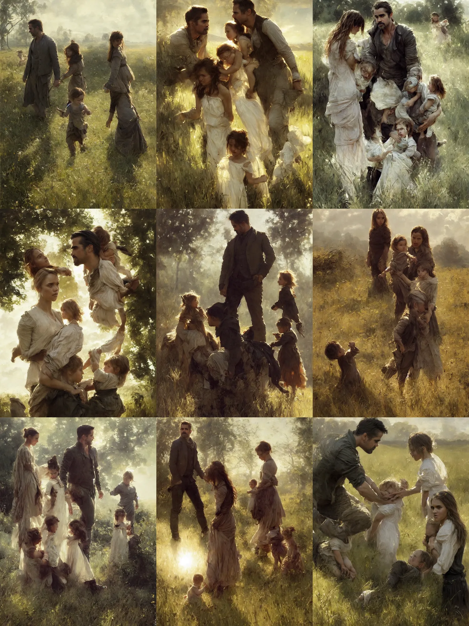 Prompt: family, colin farrell and jessica alba and kid in open fields, art by anders zorn, detailed faces, micro detail, wonderful masterpiece by greg rutkowski, beautiful cinematic light, american romanticism thomas lawrence, greg rutkowski