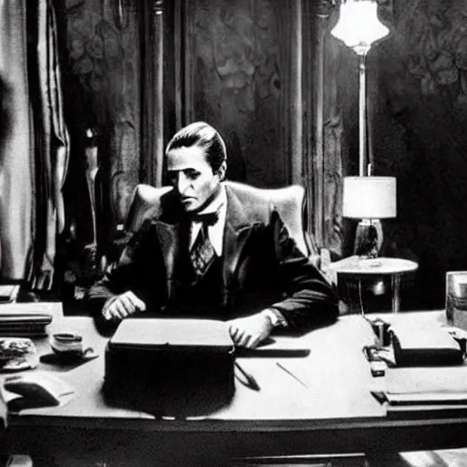 Prompt: scene from the godfather with the godfather seated at his desk. cinematic, photorealistic, realistic faces