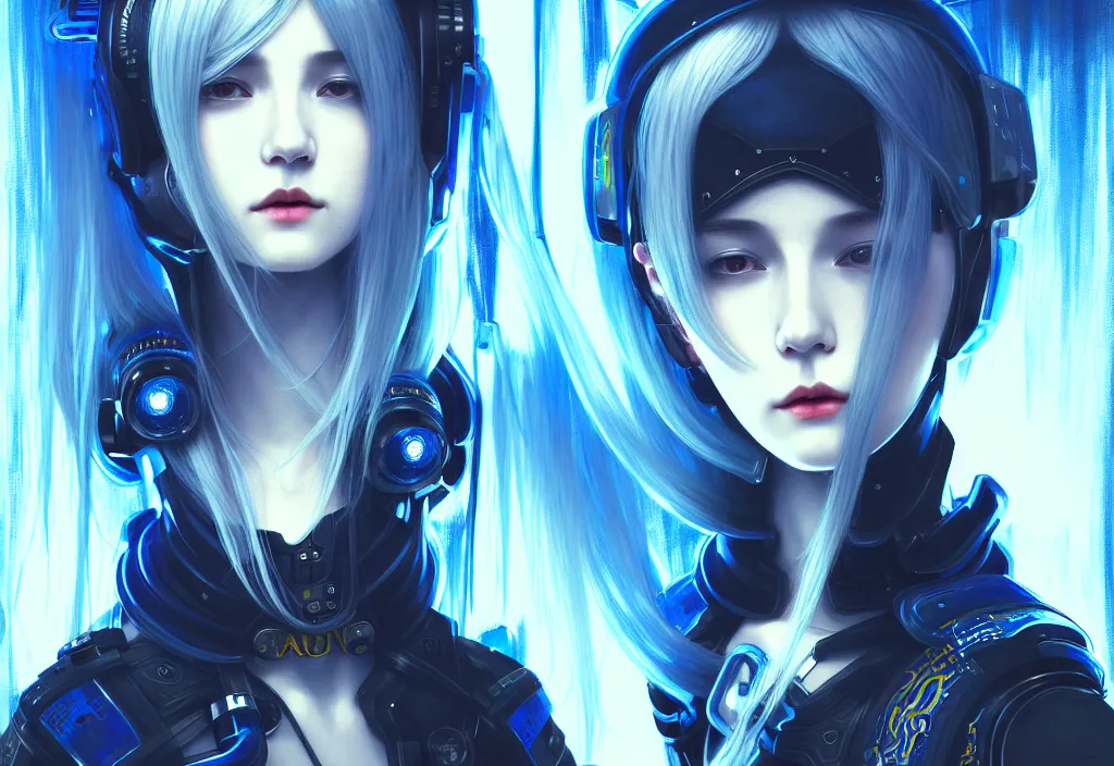 Prompt: portrait grey blue hair of futuristic ploice girl, matt black plus little yellow color armor, ( in future shibuya japan night ), ssci - fi and neon light fantasy, intricate and beautiful and elegant, highly detailed, digital painting, artstation, concept art, smooth and sharp focus, illustration, art by tian zi and wlop and alphonse mucha