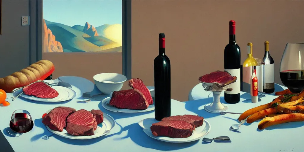 Prompt: an achingly beautiful still life featuring tillamook cheese and wine and steak very coherent, painted by Edward Hopper, Wayne Barlowe, painted by James Gilleard, airbrush, art by JamesJean