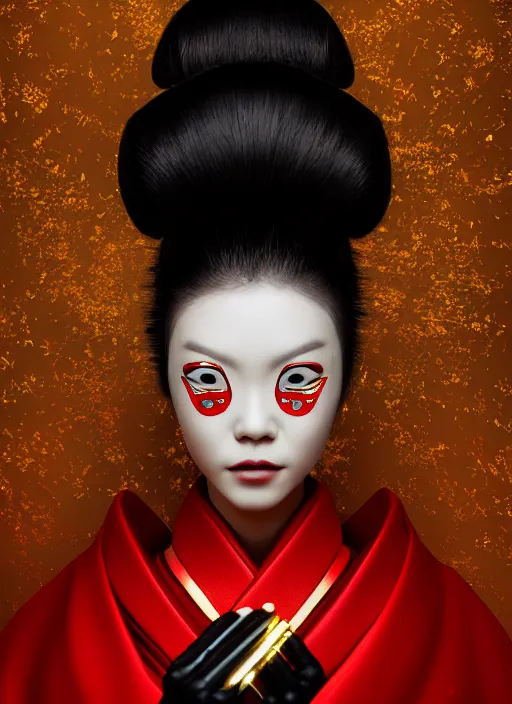 Prompt: portrait of a stylish futuristic geisha cyborg, with a red kimono with japanese golden signs written on it, kintsugi, modern fine art, fractal, intricate, elegant, highly detailed, digital photography, subsurface scattering, in the style of ghost, by jheronimus bosch and yue minjun and greg rutkowski,