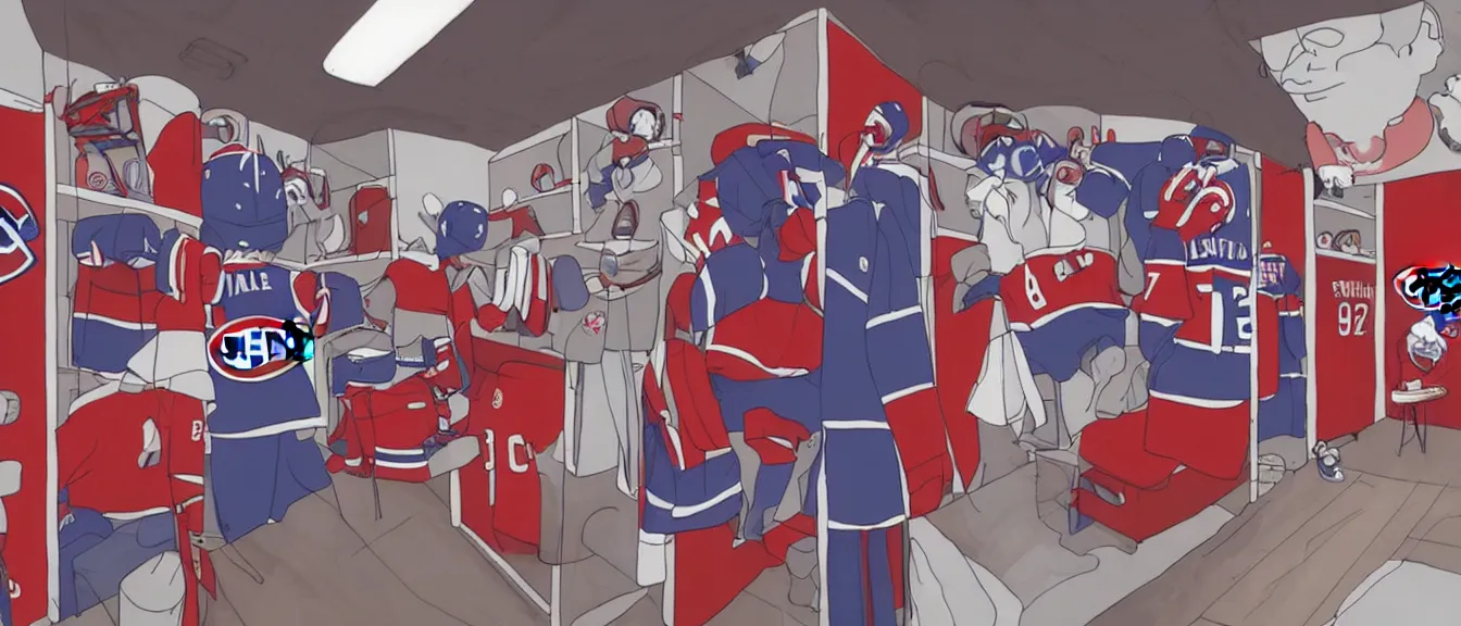 Image similar to montreal canadiens habs centre bell hockey dressing room, style of studio ghibli + moebius + basquiat, cute, detailed,