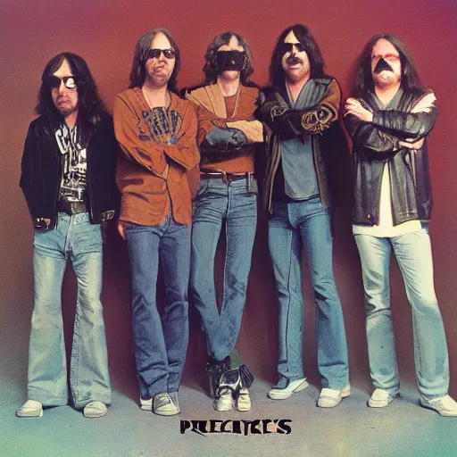 Prompt: photorealistic album cover for a rock band that was cool in the 1 9 7 0 s but is now way past their prime, a bunch of grungy old - looking guys with guitars and very long hair, has - beens who smoke too many cigarettes, matte painting background, ornate lettering for the name of the band