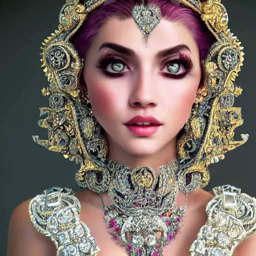 Image similar to portrait of pretty princess with perfect skin, glowing, ornate and intricate diamond jewelry, jaw dropping beauty, ornate and intricate backdrop, white accent lighting, hyper detailed, 4 k octane render