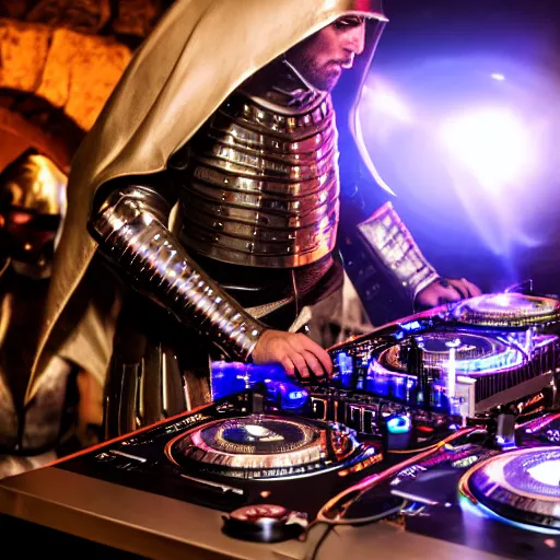 Image similar to photograph of a dubstep dj in holy cross knight armor djing during a medieval party, 8 k resolution, high detail