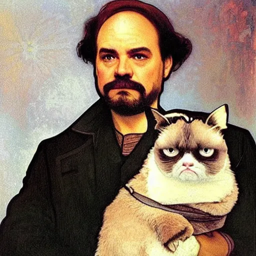 Prompt: “ portrait of george costanza holding grumpy cat, very detailed, by alphonse mucha ”