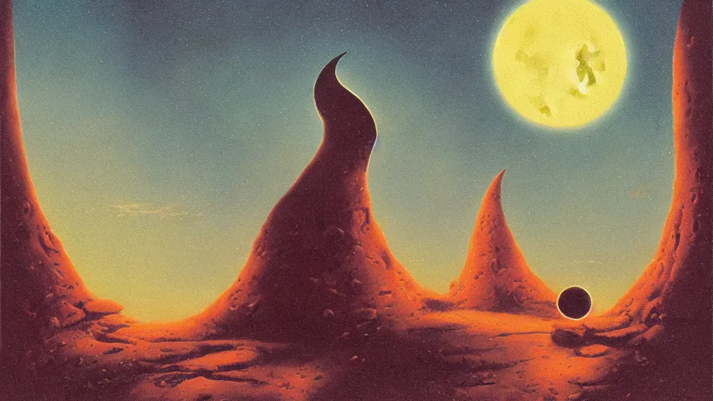 Image similar to mysterious whimsical sculpture of an alien crescent moon by paul lehr and john schoenherr, cinematic matte painting