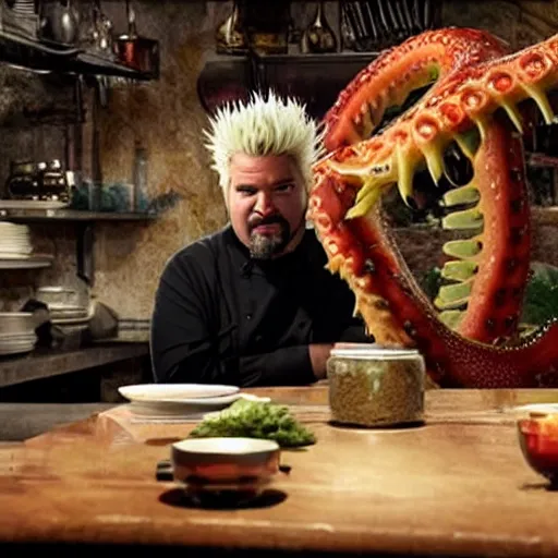 Prompt: guy fieri, mixed with an eldritch horror monster, with tentacles, in a restaurant kitchen, film still from the movie directed by denis villeneuve with art direction by salvador dali