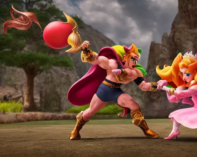 Image similar to princess peach fighting ganondorf, hyper realistic, cinematic, long shot, hyper detailed, 8 5 mm photograph, 8 k resolution, film still, sharp lens, wide lens