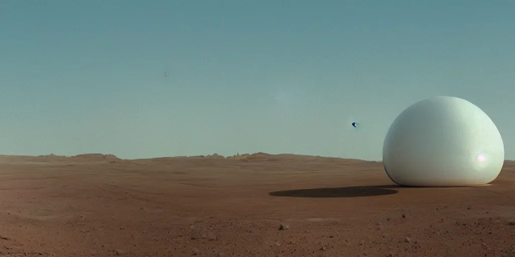 Prompt: a strange huge transparent pvc inflated organic architecture building white by jonathan de pas sits in the planet mars landscape, golden hour, film still from the movie directed by denis villeneuve with art direction by zdzisław beksinski, close up, telephoto lens, shallow depth of field