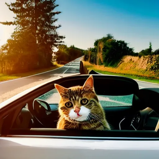 Image similar to convertible on road, cat homies chilling in convertible, paws on steering wheel, paw hanging out of window, golden hour, clear sky, unobstructed road