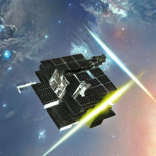 Prompt: huge Borg cube attacking the ISS, star trek, green laser, resistance is futile, film still